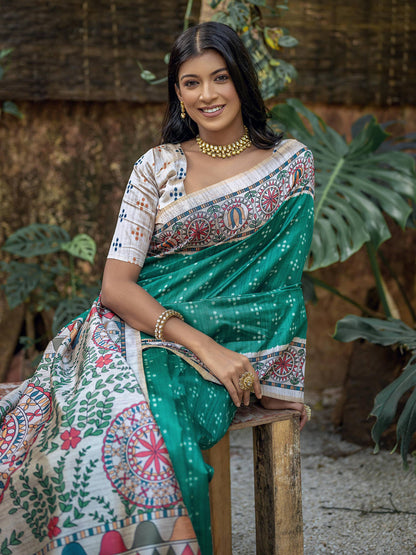 Soft Tussar Silk Saree with Madhubani Prints On Pallu and Bandhani Print in Full Body