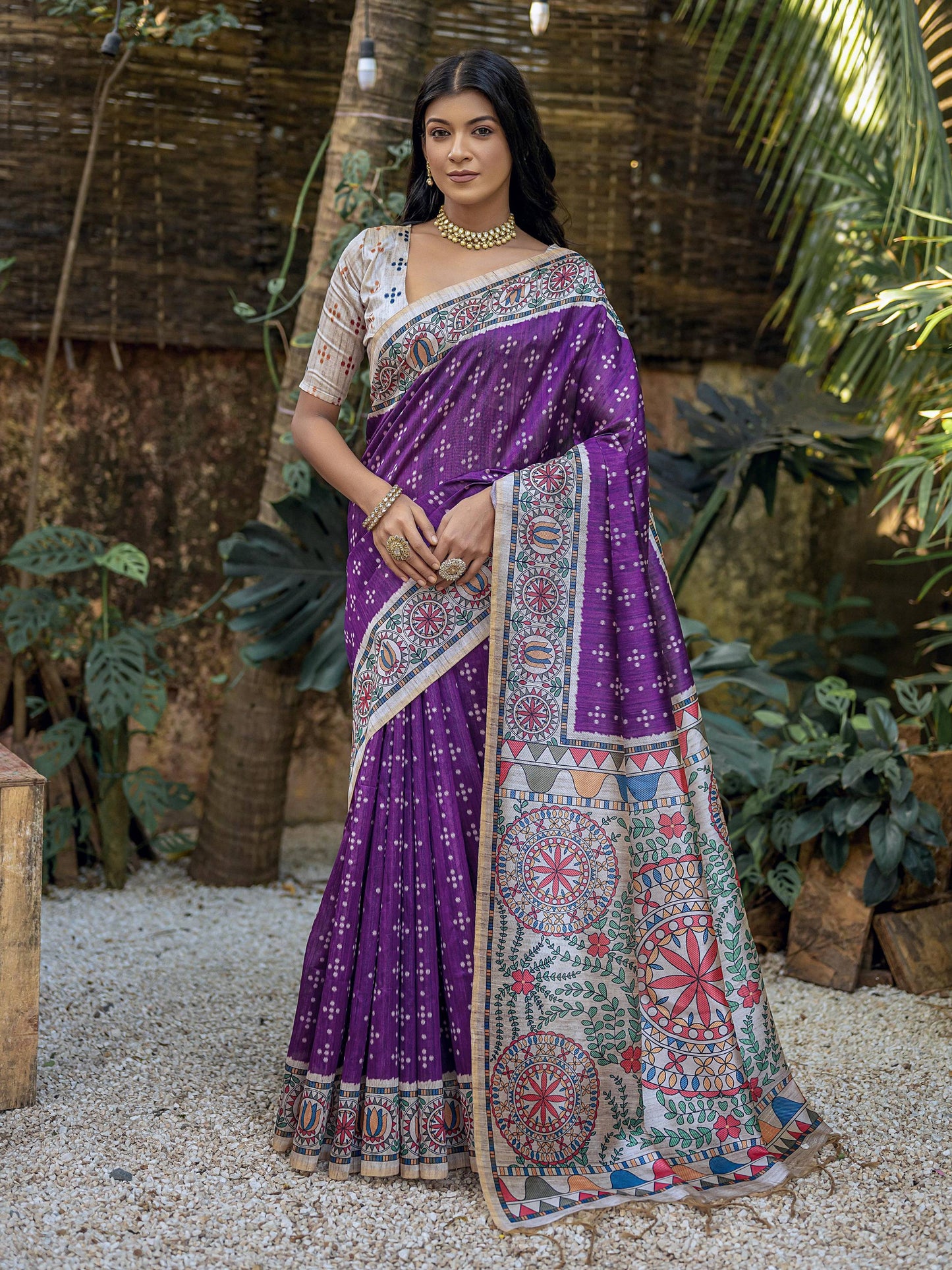 Soft Tussar Silk Saree with Madhubani Prints On Pallu and Bandhani Print in Full Body