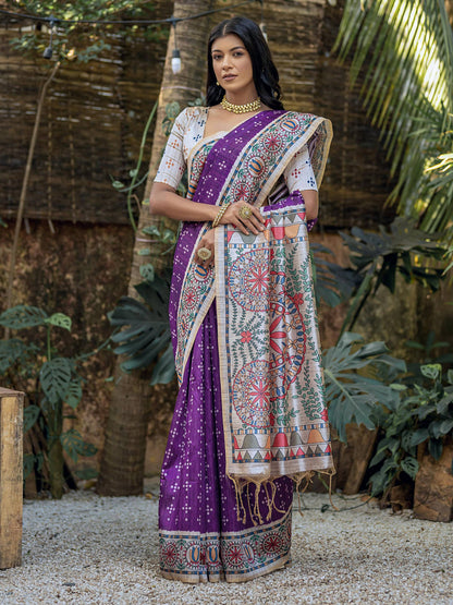 Soft Tussar Silk Saree with Madhubani Prints On Pallu and Bandhani Print in Full Body