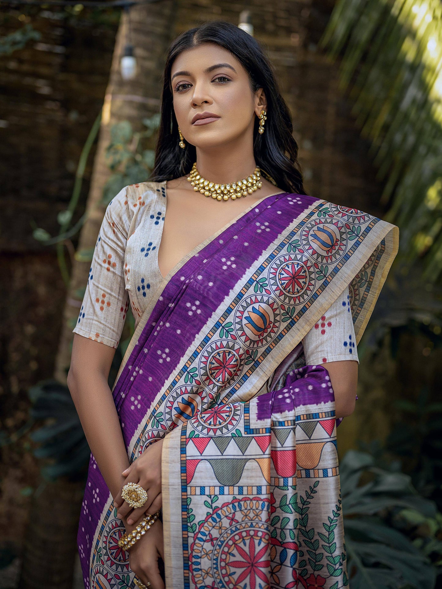 Soft Tussar Silk Saree with Madhubani Prints On Pallu and Bandhani Print in Full Body