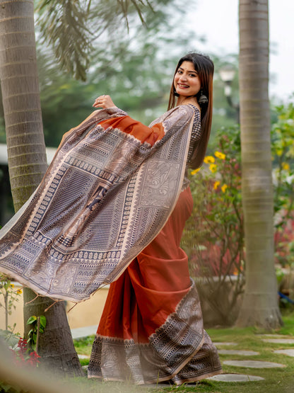 Soft Tussar Silk Saree with Madhubani Prints on Pallu and Border