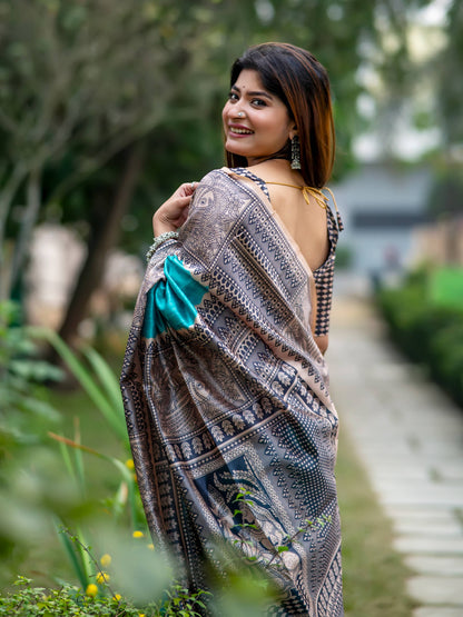 Soft Tussar Silk Saree with Madhubani Prints on Pallu and Border