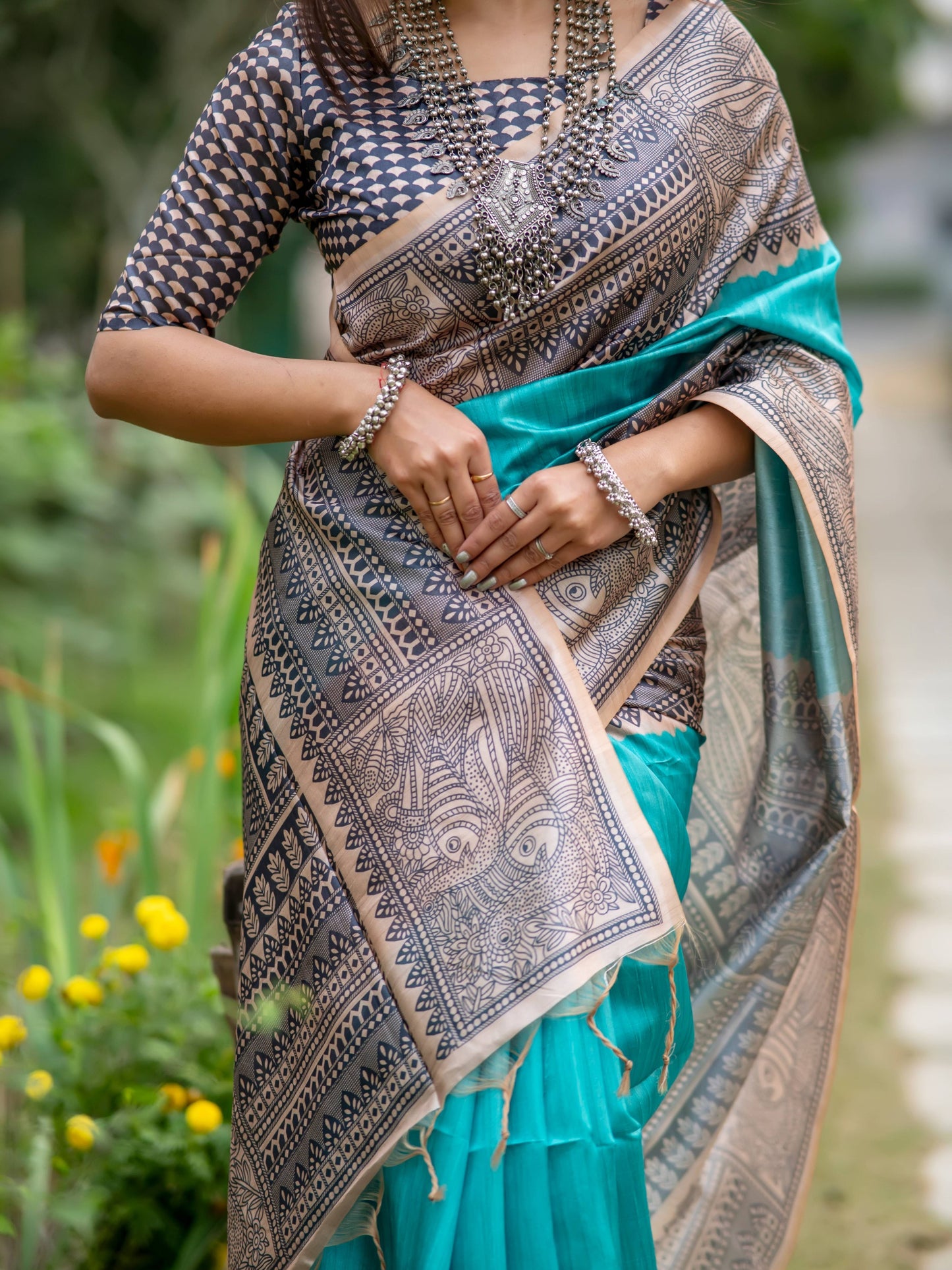 Soft Tussar Silk Saree with Madhubani Prints on Pallu and Border