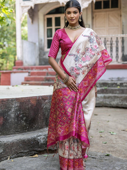 Soft Tussar Silk with Patola Print on Pallu with Floral Jal  on body.