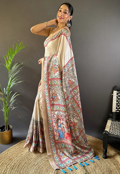 Soft Tussar Silk Saree with Madhubani Prints on Pallu and Border.